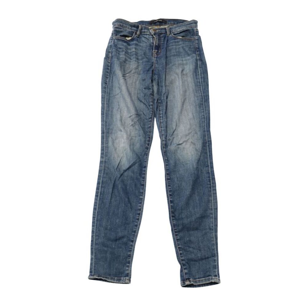 J Brand High Waisted Faded Wash Jeans in Blue Cotton Denim